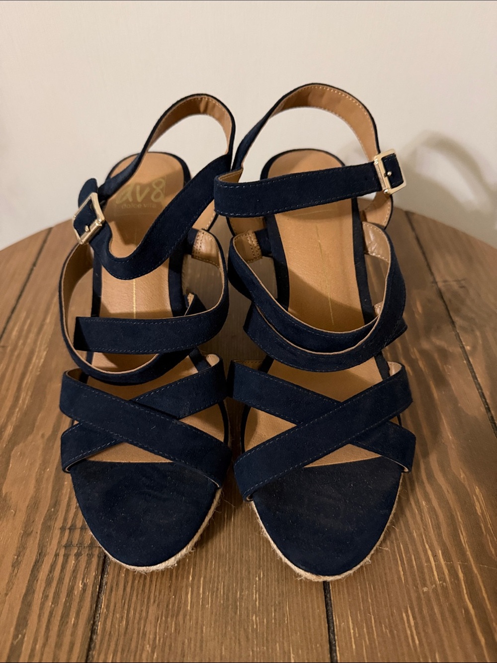 Navy Strappy Wedge Sandals with Ankle Buckle
